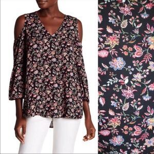 Pleione Black Floral Cold Shoulder Bell Sleeve Top